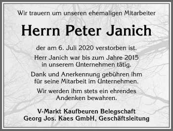 Traueranzeige von Peter Janich von Allgäuer Zeitung, Kaufbeuren/Buchloe