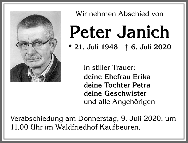  Traueranzeige für Peter Janich vom 08.07.2020 aus Allgäuer Zeitung, Kaufbeuren/Buchloe