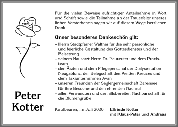 Traueranzeige von Peter Kotter von Allgäuer Zeitung, Kaufbeuren/Buchloe