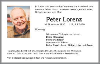 Traueranzeige von Peter Lorenz von Allgäuer Zeitung,Kempten