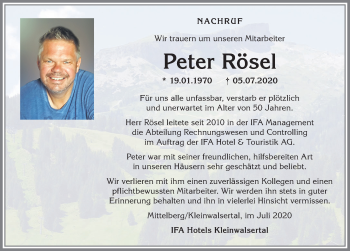 Traueranzeige von Peter Rösel von Allgäuer Anzeigeblatt