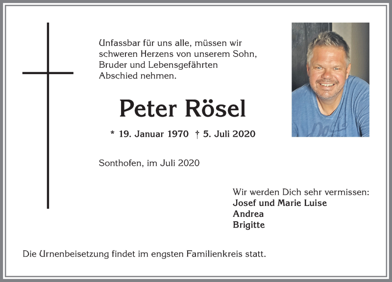  Traueranzeige für Peter Rösel vom 08.07.2020 aus Allgäuer Anzeigeblatt