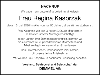 Traueranzeige von Regina Kasprzak von Der Westallgäuer