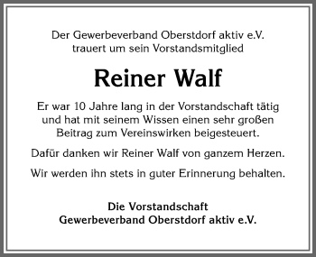 Traueranzeige von Reiner Walf von Allgäuer Anzeigeblatt