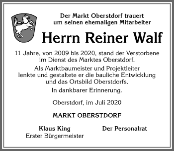 Traueranzeige von Reiner Walf von Allgäuer Anzeigeblatt