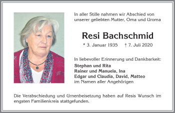 Traueranzeige von Resi Bachschmid von Allgäuer Zeitung, Kaufbeuren/Buchloe
