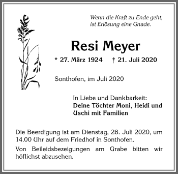 Traueranzeige von Resi Meyer von Allgäuer Anzeigeblatt