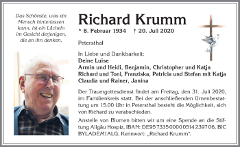Traueranzeige von Richard Krumm von Allgäuer Zeitung,Kempten