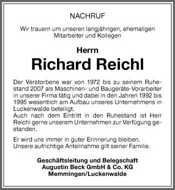 Traueranzeige von Richard Reichl von Memminger Zeitung