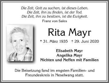Traueranzeige von Rita Mayr von Allgäuer Zeitung, Füssen