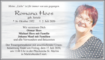 Traueranzeige von Romana Hees von Allgäuer Zeitung, Marktoberdorf