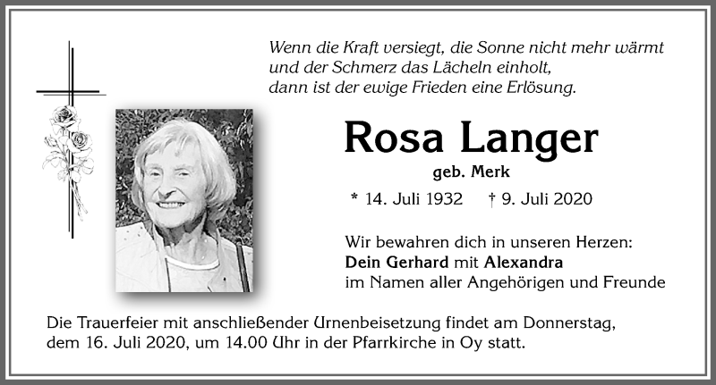 Traueranzeige für Rosa Langer vom 13.07.2020 aus Allgäuer Zeitung,Kempten