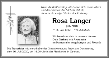 Traueranzeige von Rosa Langer von Allgäuer Zeitung,Kempten