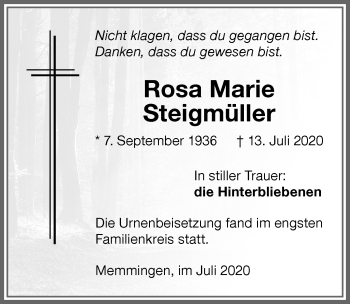 Traueranzeige von Rosa Marie Steigmüller von Memminger Zeitung