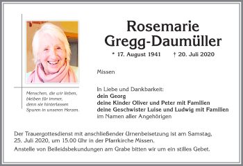 Traueranzeige von Rosemarie Gregg-Daumüller von Allgäuer Anzeigeblatt