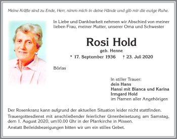 Traueranzeige von Rosi Hold von Allgäuer Anzeigeblatt