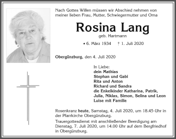 Traueranzeige von Rosina Lang von Allgäuer Zeitung, Marktoberdorf
