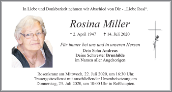 Traueranzeige von Rosina Miller von Allgäuer Zeitung, Füssen