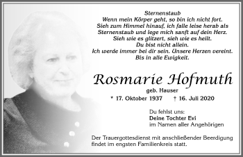 Traueranzeige von Rosmarie Hofmuth von Allgäuer Zeitung, Kaufbeuren/Buchloe