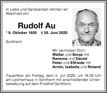 Traueranzeige von Rudolf Au von Memminger Zeitung