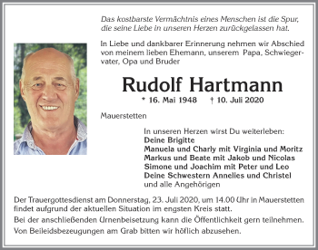 Traueranzeige von Rudolf Hartmann von Allgäuer Zeitung, Kaufbeuren/Buchloe