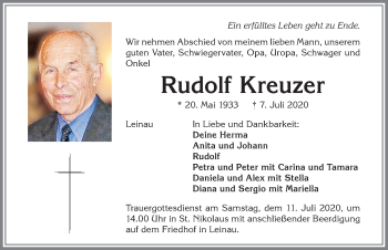 Traueranzeige von Rudolf Kreuzer von Allgäuer Zeitung, Kaufbeuren/Buchloe