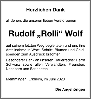 Traueranzeige von Rudolf Wolf von Memminger Zeitung