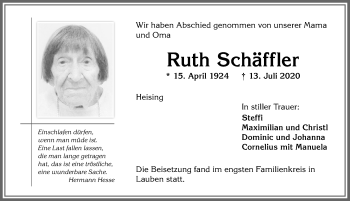 Traueranzeige von Ruth Schäffler von Allgäuer Zeitung,Kempten