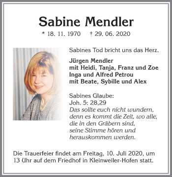 Traueranzeige von Sabine Mendler von Allgäuer Zeitung,Kempten