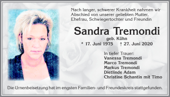 Traueranzeige von Sandra Tremondi von Allgäuer Zeitung, Kaufbeuren/Buchloe