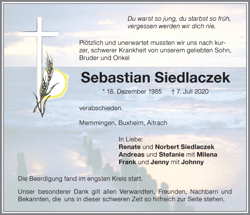  Traueranzeige für Sebastian Siedlaczek vom 15.07.2020 aus Memminger Zeitung