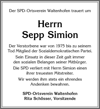 Traueranzeige von Sepp Simion von Allgäuer Zeitung,Kempten