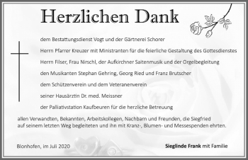 Traueranzeige von Siegfried Frank von Allgäuer Zeitung, Kaufbeuren/Buchloe