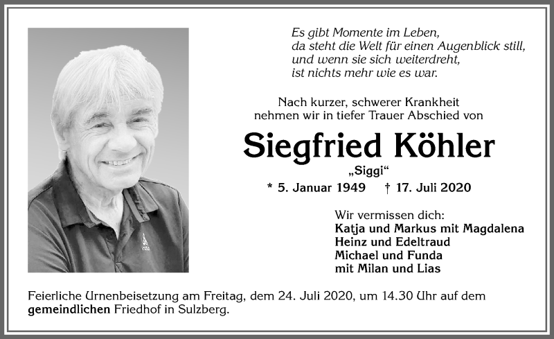  Traueranzeige für Siegfried Köhler vom 22.07.2020 aus Allgäuer Zeitung,Kempten
