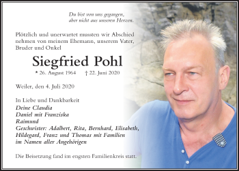 Traueranzeige von Siegfried Pohl von Der Westallgäuer
