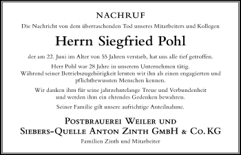 Traueranzeige von Siegfried Pohl von Der Westallgäuer