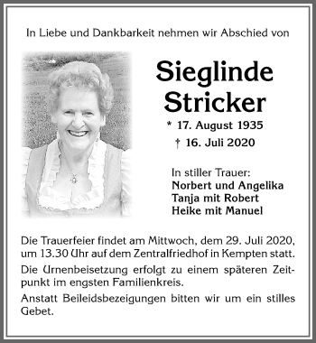 Traueranzeige von Sieglinde Stricker von Allgäuer Zeitung,Kempten