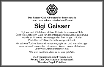 Traueranzeige von Sigi Geisser von Allgäuer Anzeigeblatt