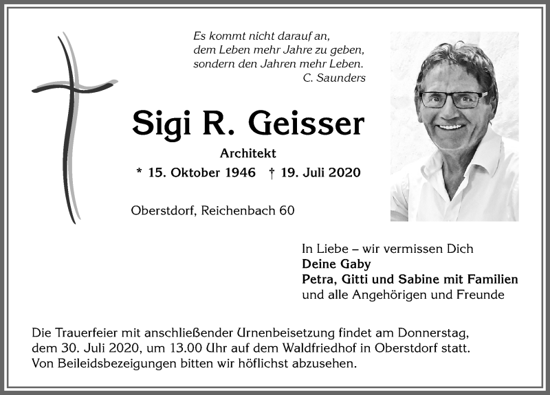  Traueranzeige für Sigi R. Geisser vom 24.07.2020 aus Allgäuer Anzeigeblatt