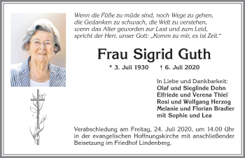 Traueranzeige von Sigrid Guth von Allgäuer Zeitung, Kaufbeuren/Buchloe