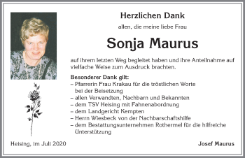 Traueranzeige von Sonja Maurus von Allgäuer Zeitung,Kempten