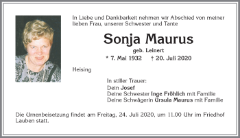 Traueranzeige von Sonja Maurus von Allgäuer Zeitung,Kempten