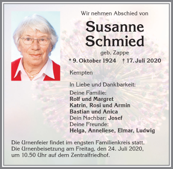 Traueranzeige von Susanne Schmied von Allgäuer Zeitung,Kempten