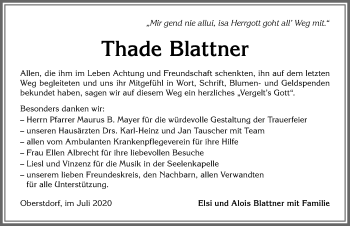 Traueranzeige von Thade Blattner von Allgäuer Anzeigeblatt