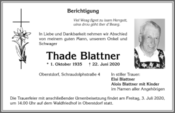 Traueranzeige von Thade Blattner von Allgäuer Anzeigeblatt