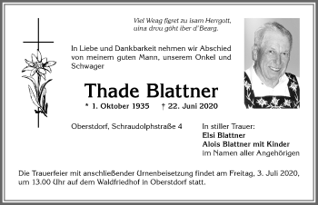 Traueranzeige von Thade Blattner von Allgäuer Anzeigeblatt