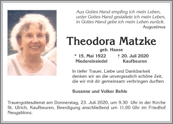 Traueranzeige von Theodora Matzke von Allgäuer Zeitung, Kaufbeuren/Buchloe