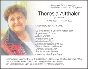 Traueranzeige von Theresia Altthaler von Der Westallgäuer