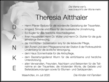 Traueranzeige von Theresia Altthaler von Der Westallgäuer