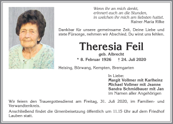 Traueranzeige von Theresia Feil von Allgäuer Zeitung,Kempten